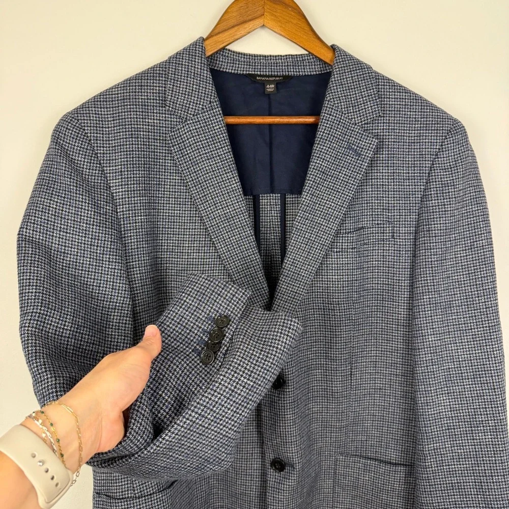 Banana Republic Blazer Mens 44R Blue Houndstooth Linen Blend Sport Coat Tailored